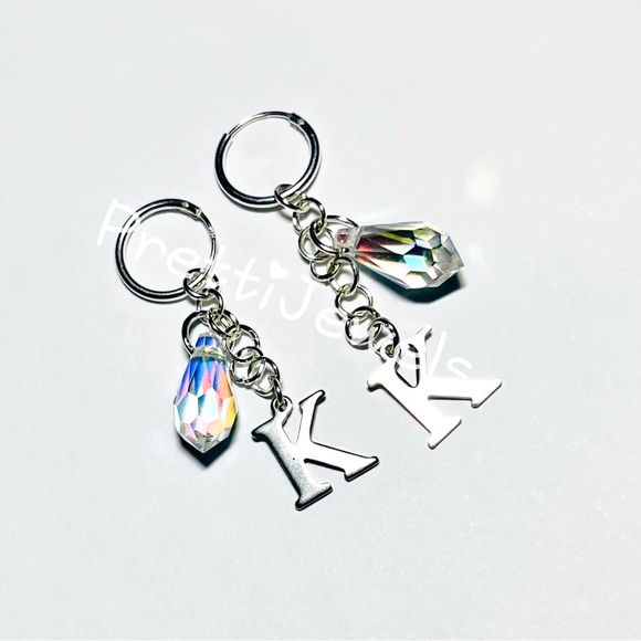 Personalizeable AB Teardrop Initial Letter Hoop Earrings - Picture 11 of 12